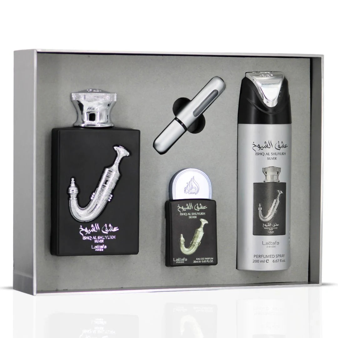 Conjunto Perfume + Miniatura + Desodorizante - Ishq al Shuyukh Silver by Lattafa
