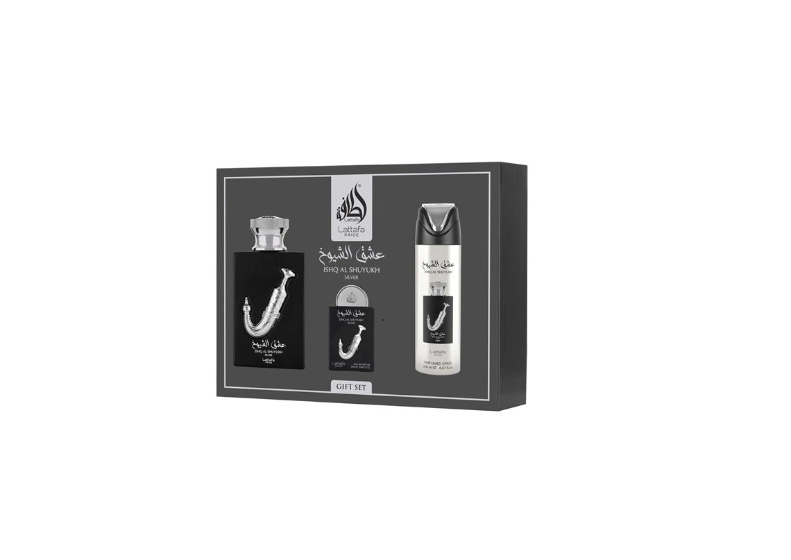 Conjunto Perfume + Miniatura + Desodorizante - Ishq al Shuyukh Silver by Lattafa