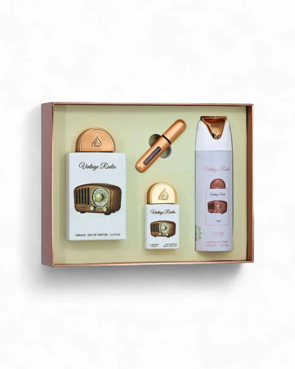Conjunto Perfume + Miniatura + Desodorizante - VINTAGE RADIO by Lattafa