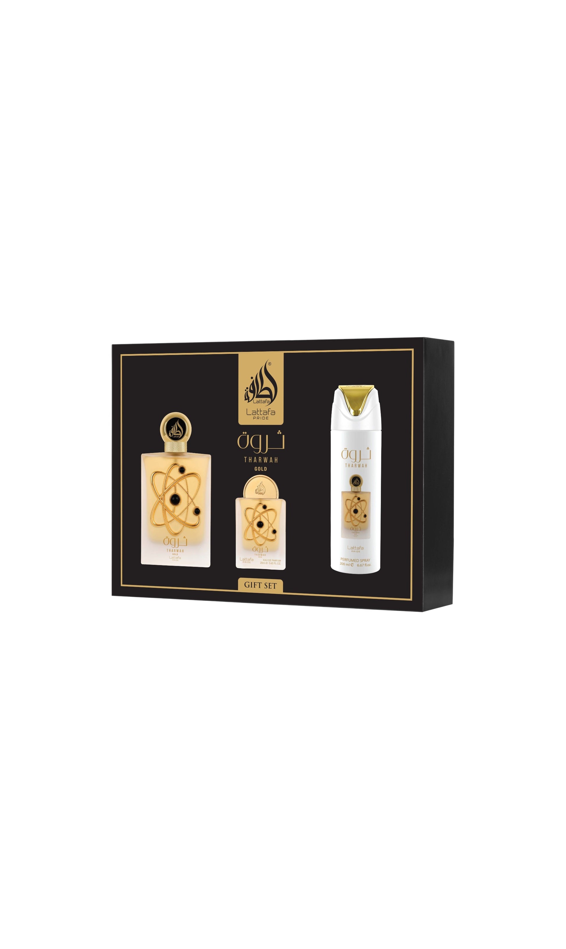 Conjunto Perfume + Miniatura + Desodorizante - THARWAH GOLD by Lattafa